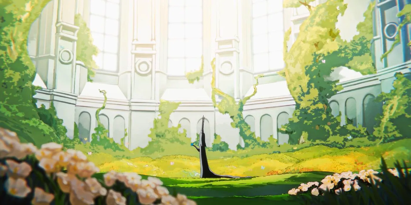 Imu in a garden of flowers in One Piece. Image