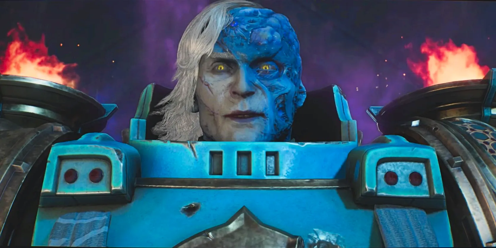 Imurah, a scarred, white-haired man in power armor, in Warhammer 40K Space Marine 2. Image