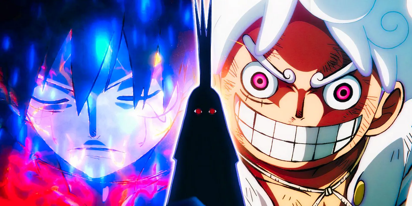 imu's silhouette from one piece in the cebnter with luffy smiling menacingly in gear 5 to left and luffy using ryou haki to the right Image