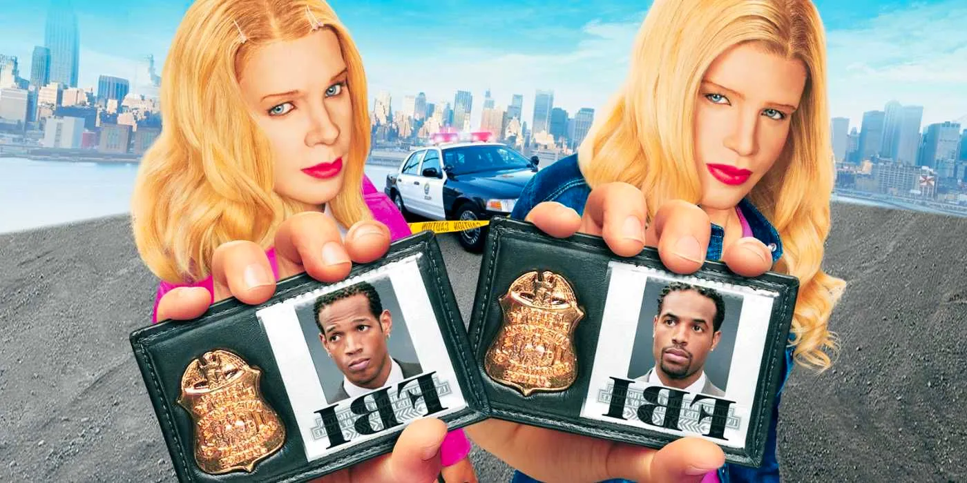 In an image from the White Chicks movie poster Marlon and Shawn Wayans are in disguise in their white women personas while flashing FBI badges with their real pictures Image