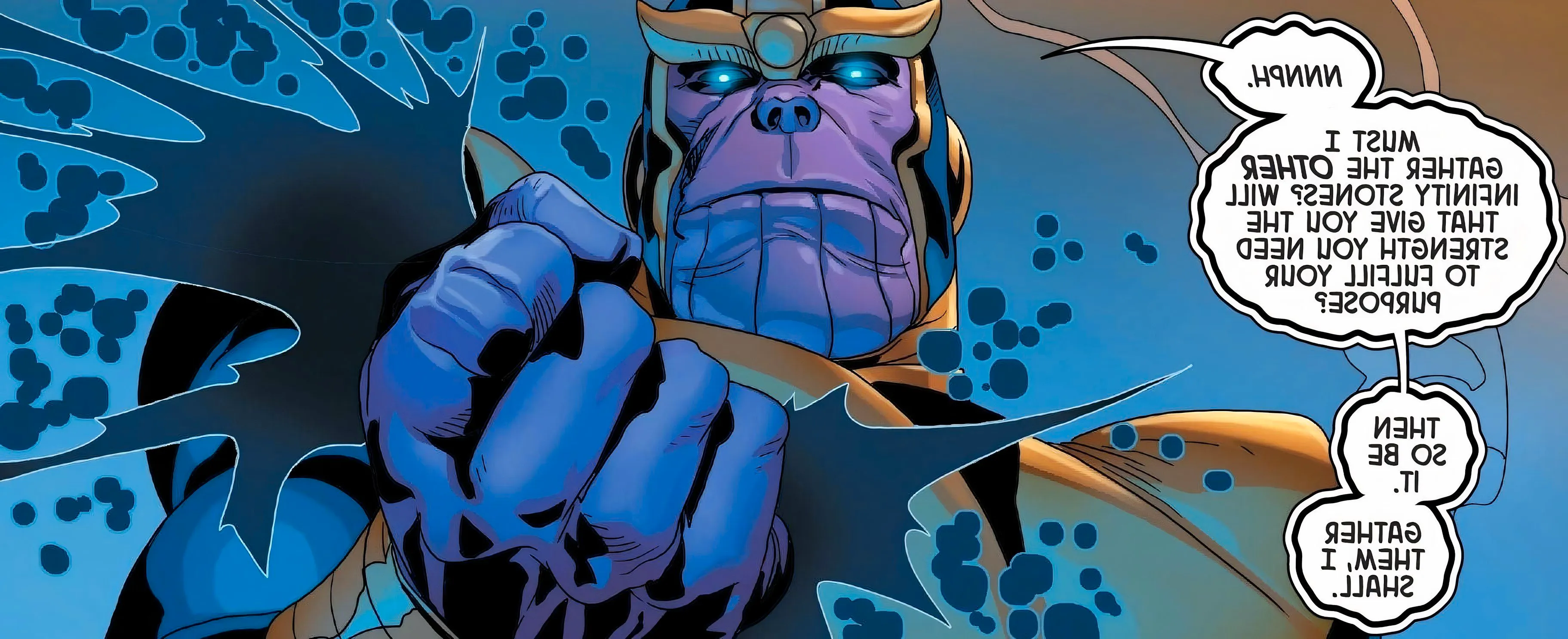 In order to control his new Infinity Stone, the Death Stone, Thanos vows to recreate the Infinity Gauntlet. Image