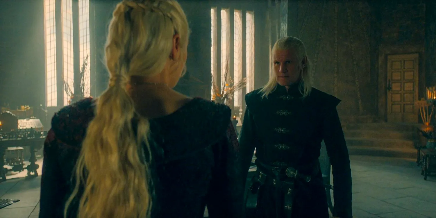 In private,Rhaenyra Targaryen (Emma D'Arcy) lays into Daemon Targaryen (Matt Smith) about the murder in House of the Dragon season 2 episode 2 Image