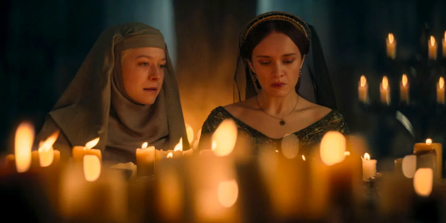 In the Grand Sept, Rhaenyra (Emma D'Arcy) talks to Alicent Hightower (Olivia Cooke) to convince her to avoid war in House of the Dragon season 2 episode 3 Image