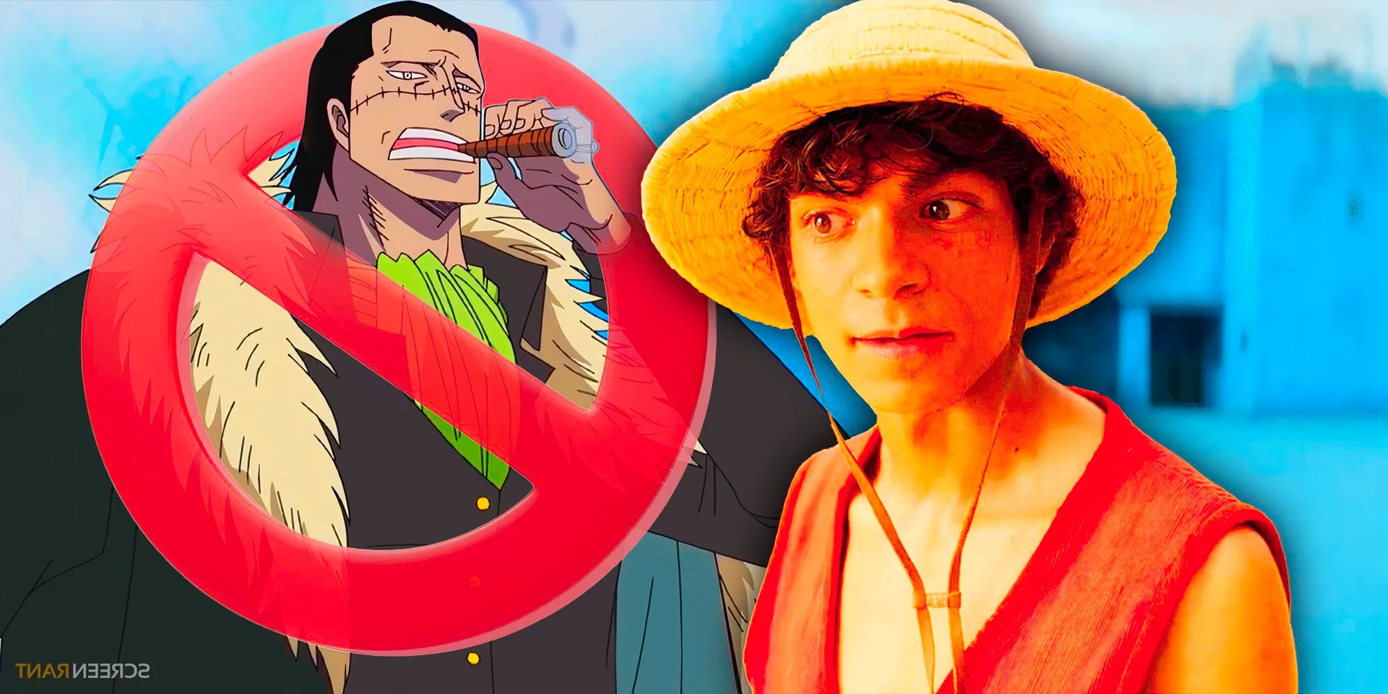 Inaki Godoy as live-action Luffy in One Piece and Crocodile from the anime crossed out. Image