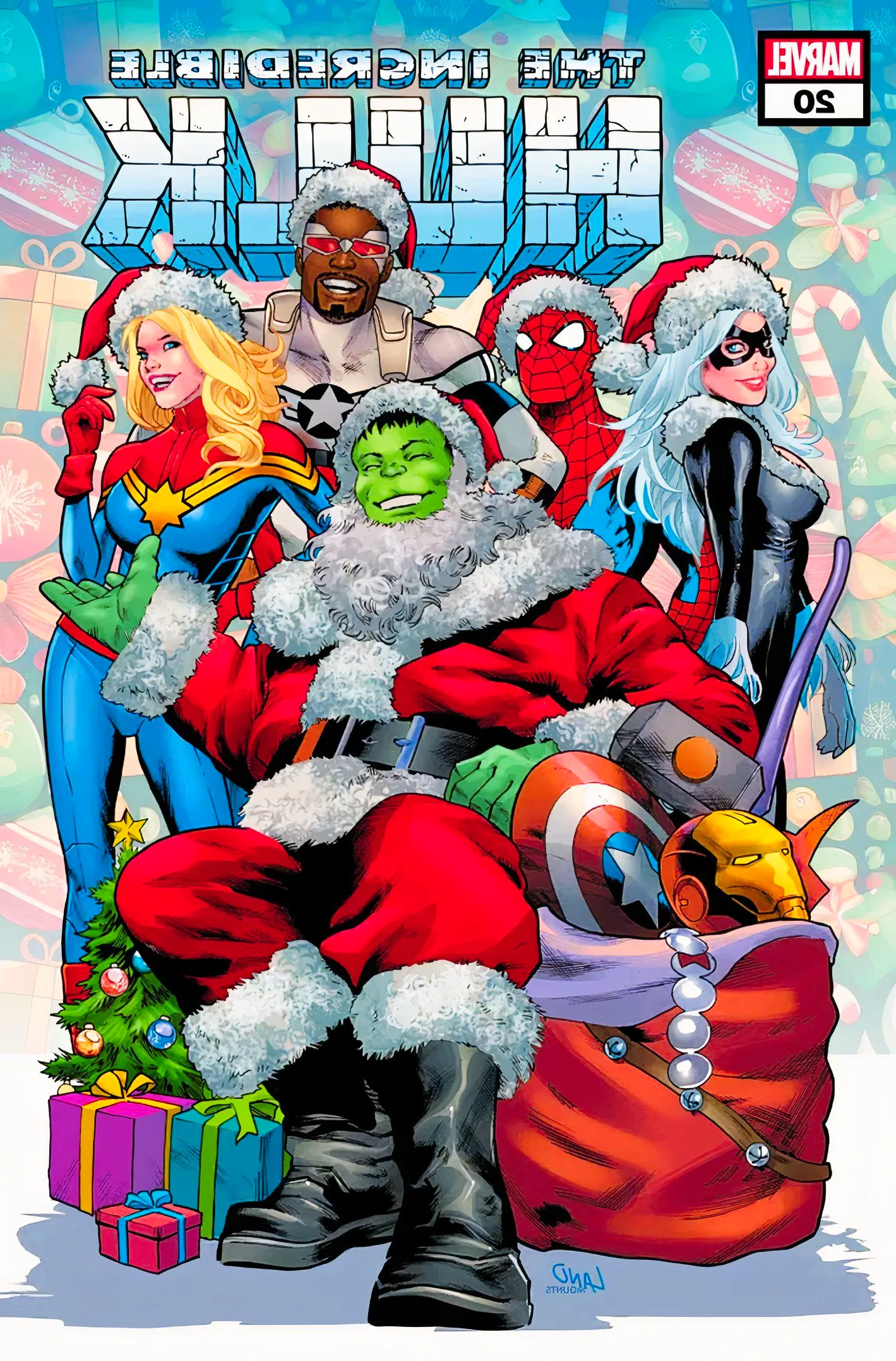 Incredible Hulk #20 holiday variant, Hulk dressed as Santa alongside other festive Marvel heroes Image