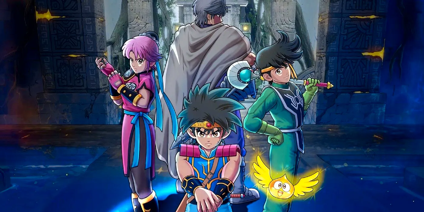 Infinity Strash Dragon Quest Dai Cover Art showing Dai, Popp, Maam, and Hyunkel. Image