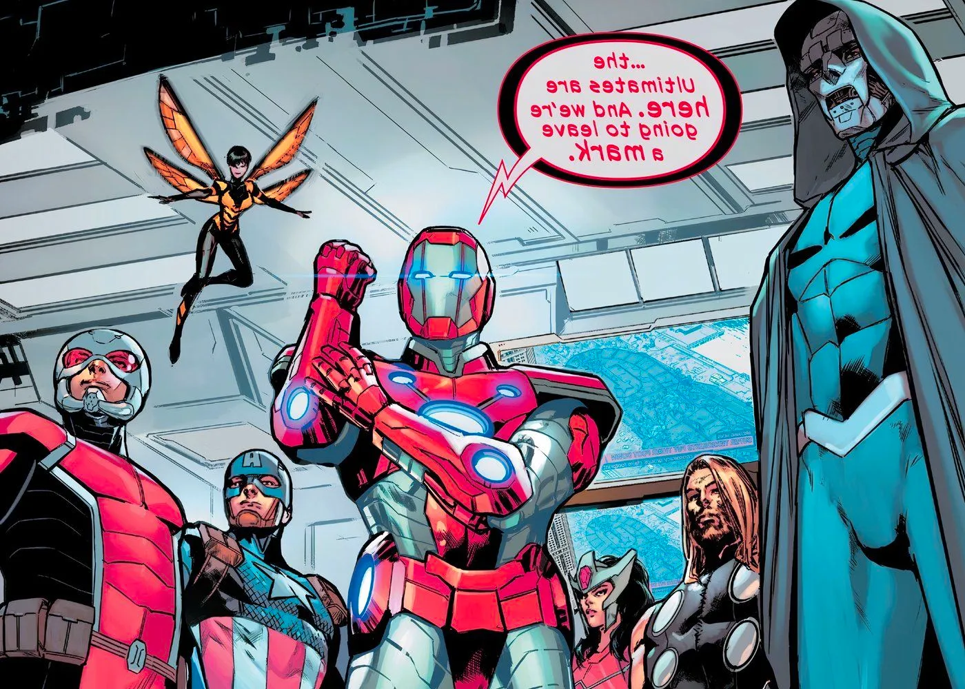 Iron Lad leading the Ultimates against the forces of the Maker. Image