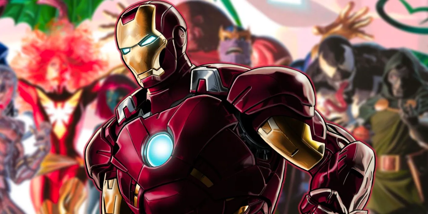 Iron Man against a background of various Marvel villains Image