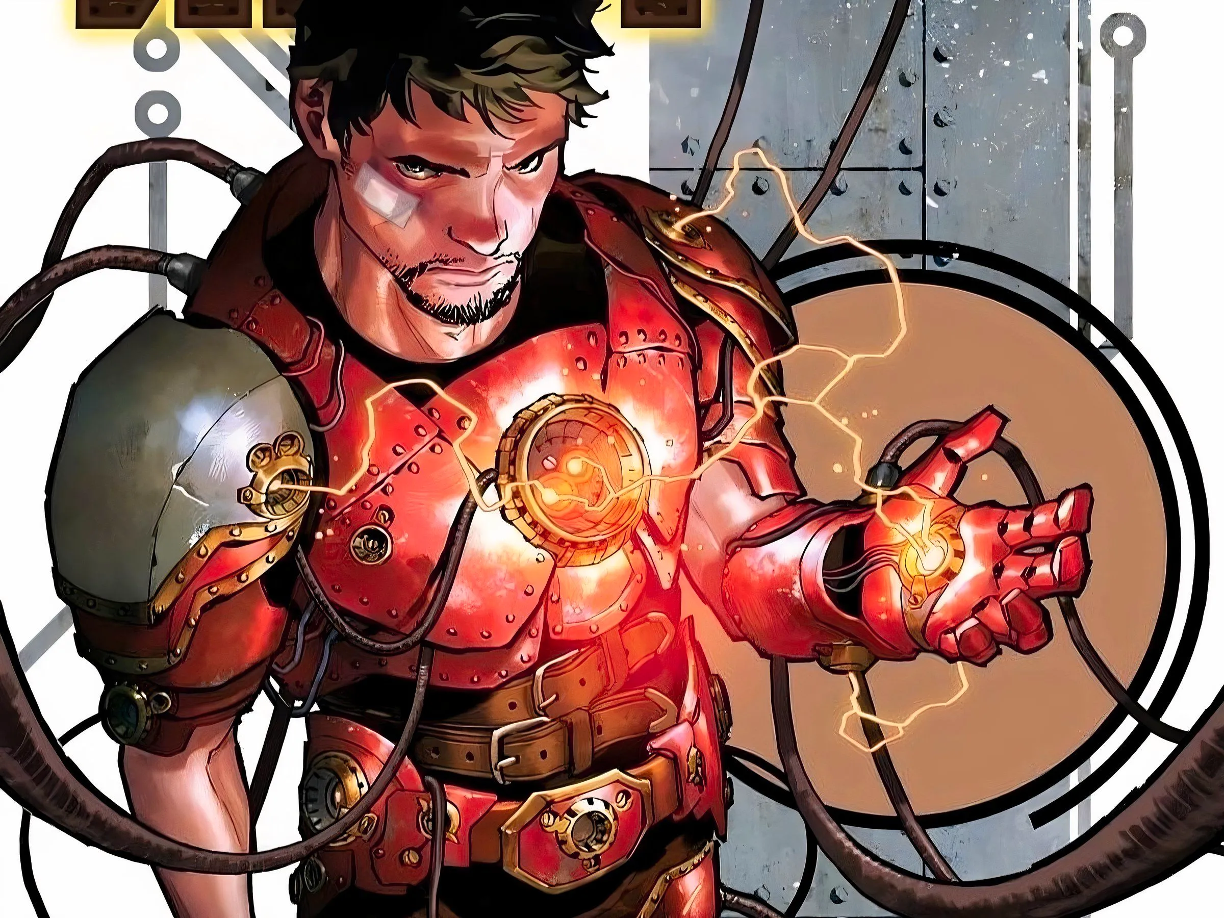 Iron Man shows off his new patchworked armor. Image