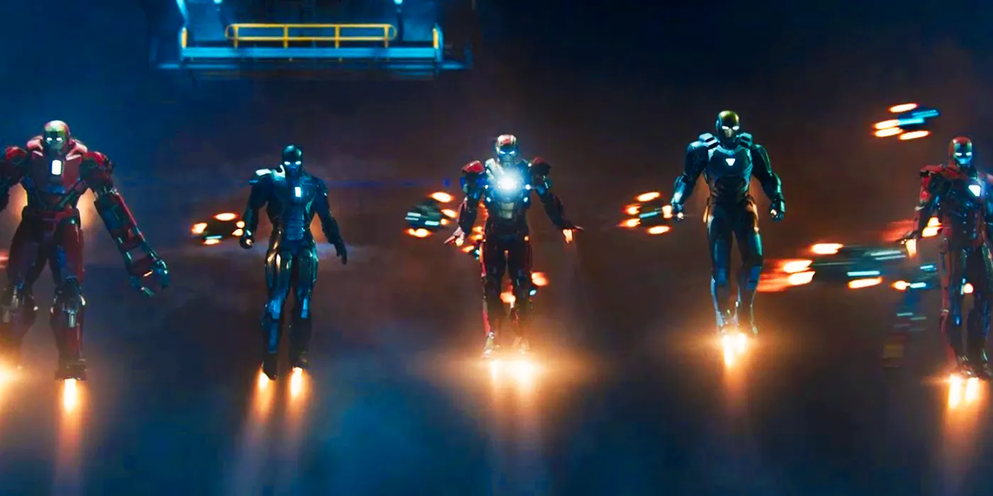 Iron Man suits joining the battle at the end of Iron Man 3 Image