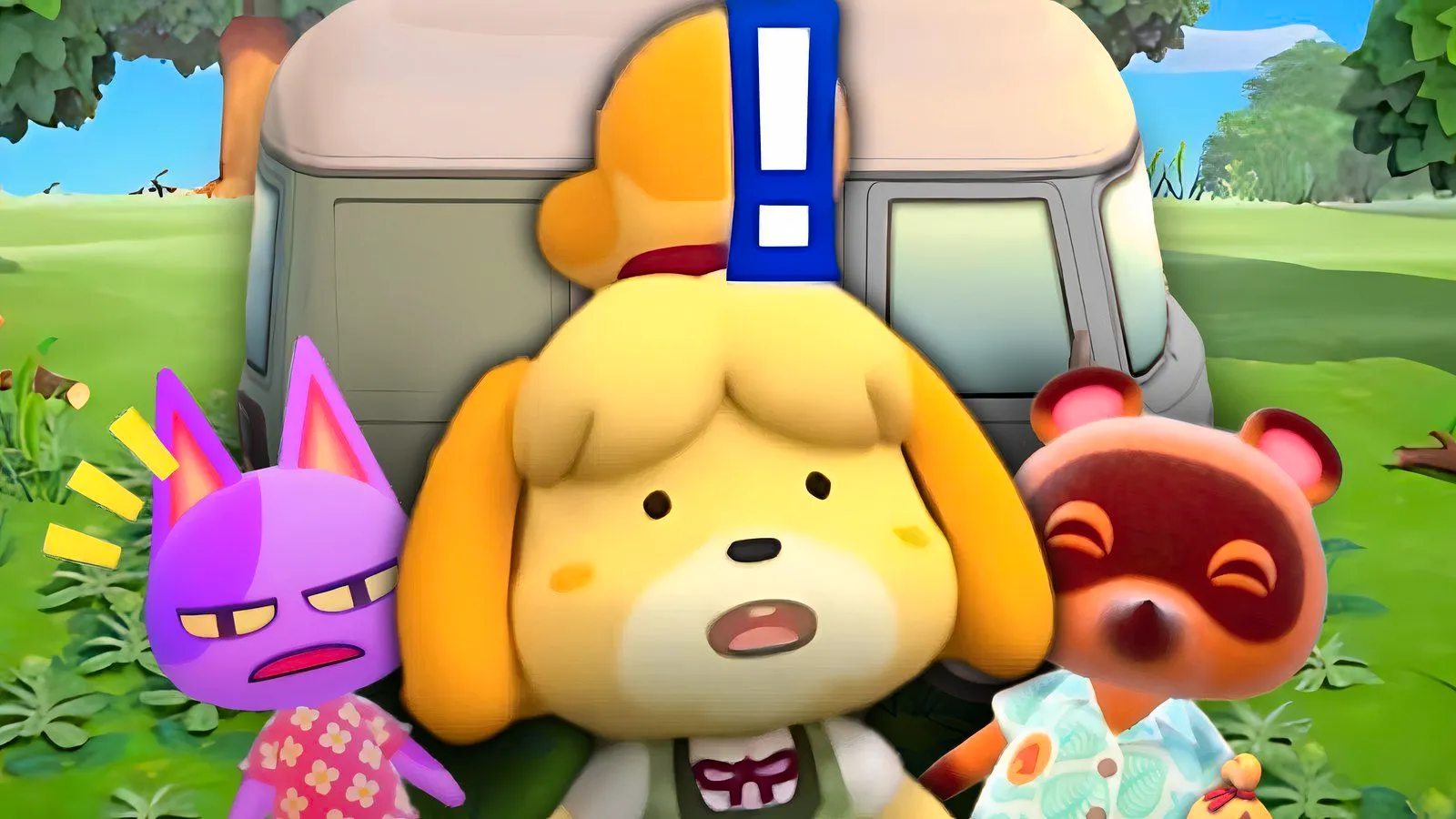 Isabelle, Bob, and Nook stand in front of a trailer on a starter island in Animal Crossing: New Horizons, everyone being shocked except Tom Nook. Image