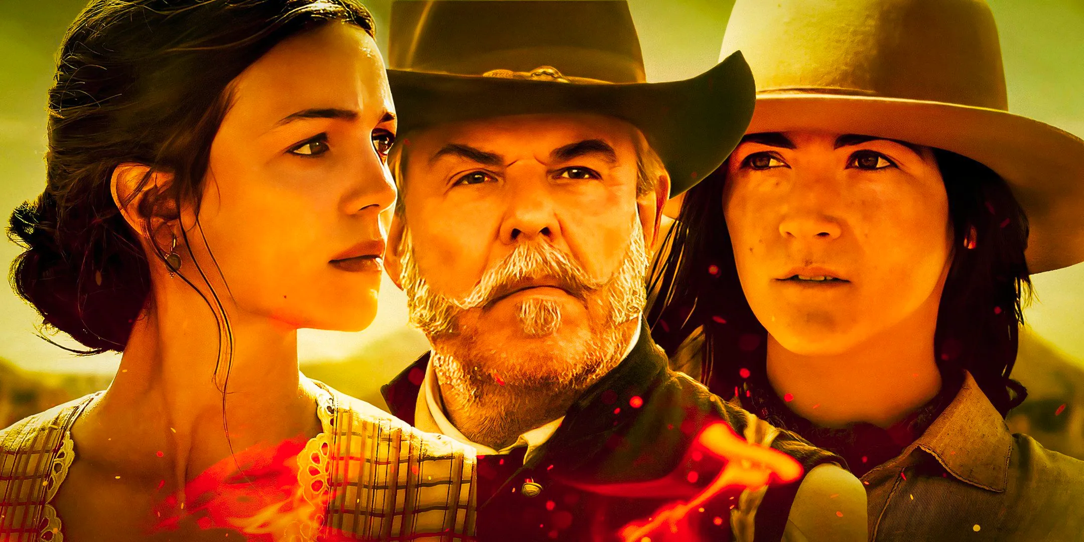 Isabelle Fuhrman as Diamond Kittredge, Danny Huston as Colonel Albert Houghton, and Ella Hunt as Juliette Chesney in Horizon: An American Saga - Chapter 1 Image