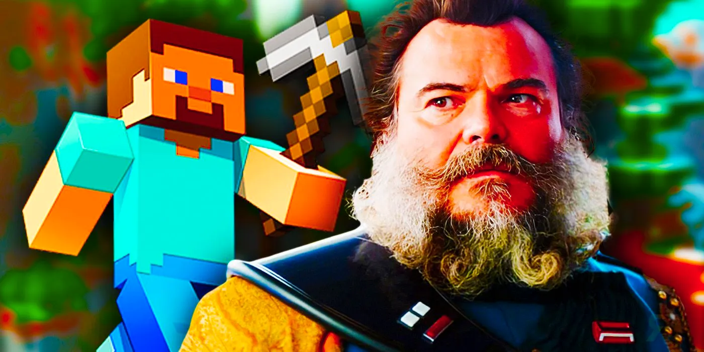 Jack Black as Bombardier in The Mandalorian alongside Steve from Minecraft Image