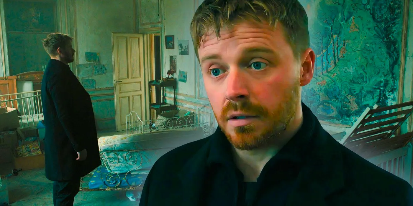 Jack Lowden as River looking concerned in Slow Horses season 4 episode 2 with a still of the compound behind him Image