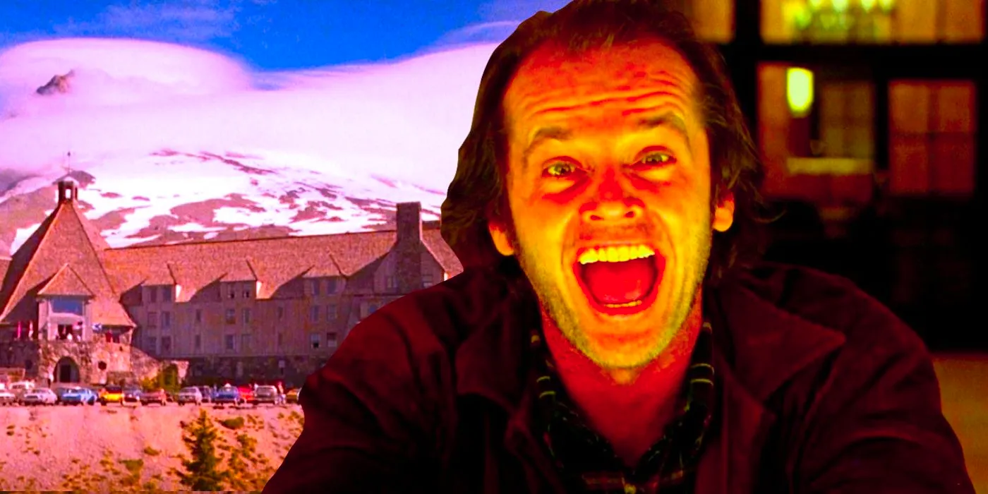 Jack Nicholson in The Shining with the exterior of the Overlook Hotel behind him. Image