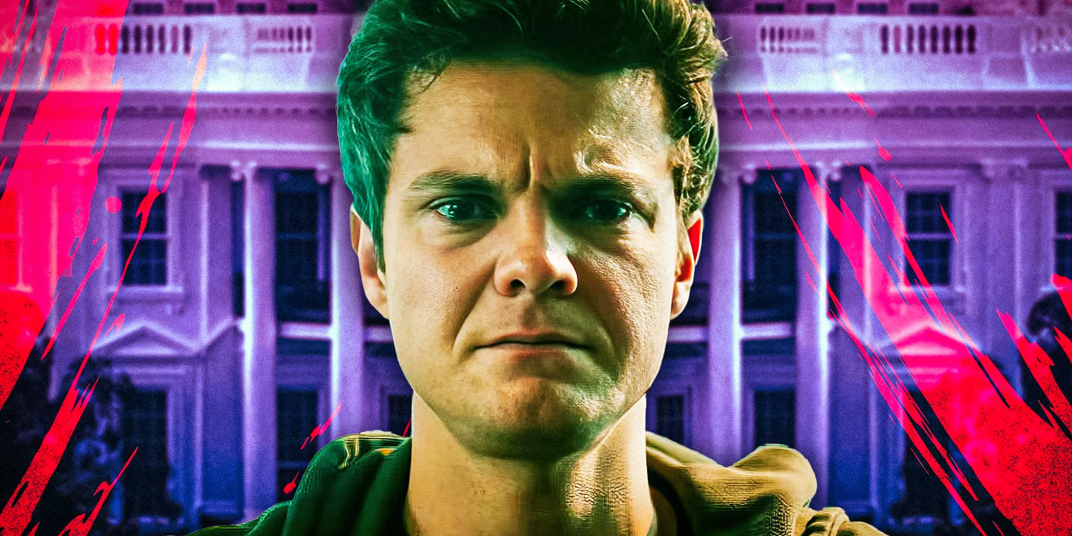 Jack Quaid as Hughie Campbell frowning in The Boys with the White House and red paint as the background Image