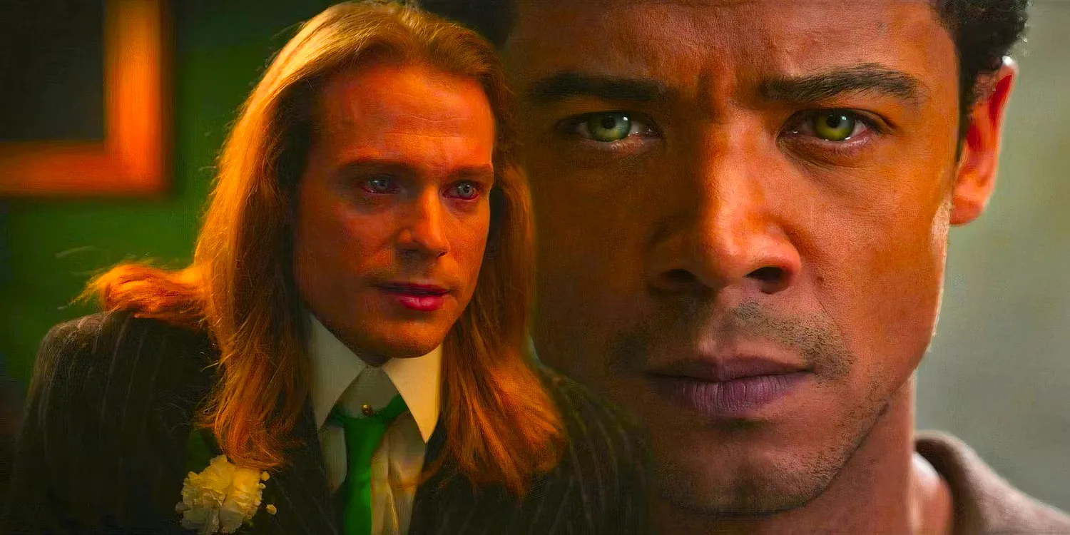 Jacob Anderson as Louis slightly glaring next to Sam Reid as Lestat staring intensely in Interview with the Vampire season 2 Image