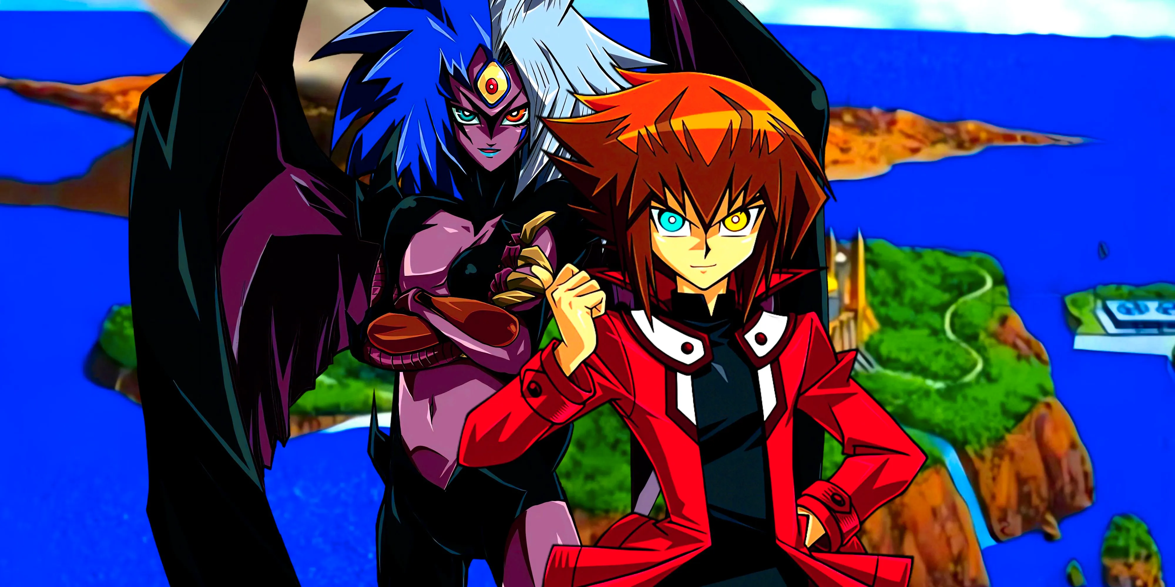 Jaden and Yubel standing side by side and smiling. Behind them, Duel Academy can be seen. Image