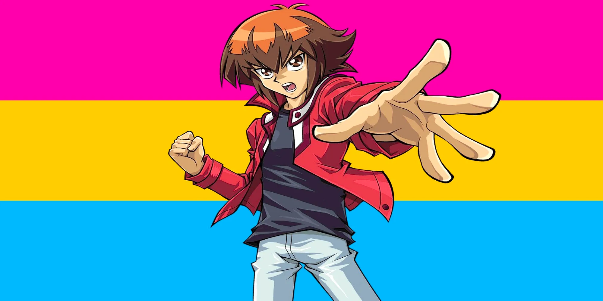 Jaden Yuki against the pansexual flag Image