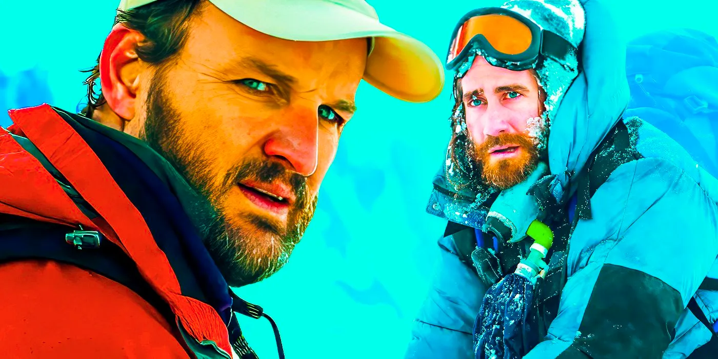 Jake Gyllenhaal and Jason Clarke in Everest (2015) Promo image, both men stare at the camera in full gear  Image