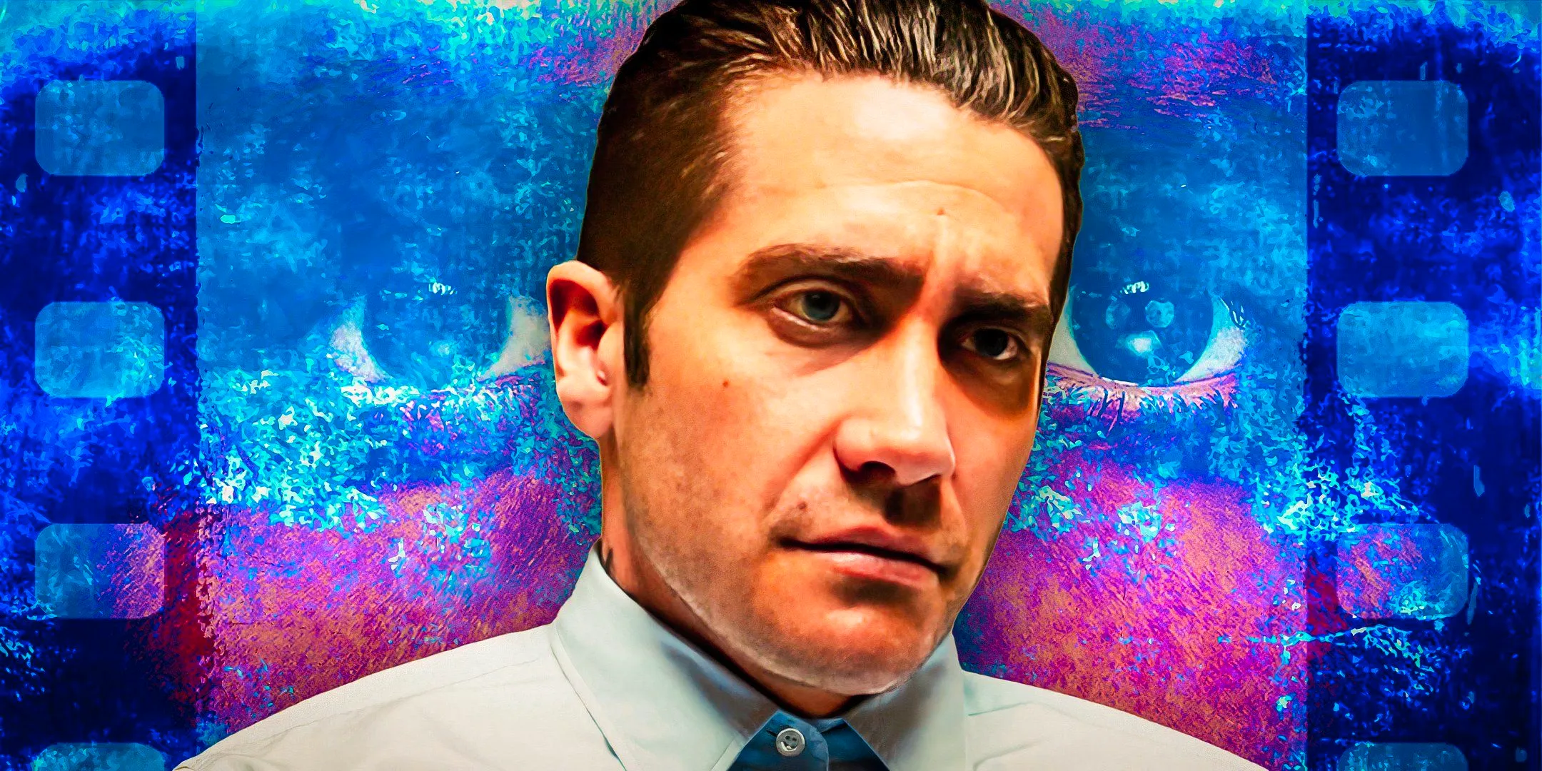 Jake Gyllenhaal looking serious on a blue background Image