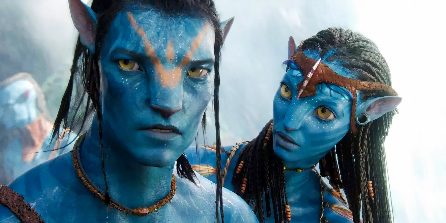 Jake Sully and Neytiri in Avatar: The Way of Water. Neytiri is positioned behind a disgruntled Sully with a worried look in his direction. Image