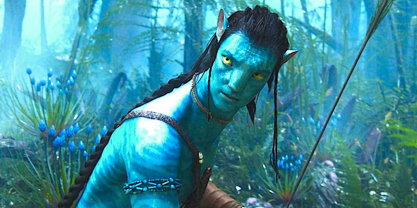 Jake Sully looks worried holding a bow and arrow in the jungle in Avatar 2009 Image