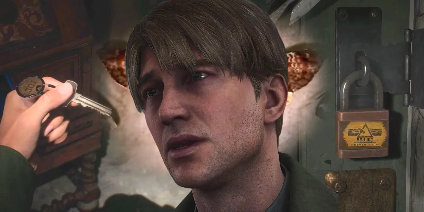 James flanked by moth wings, a padlock, and a key in screenshots from SIlent Hill 2 remake. Image