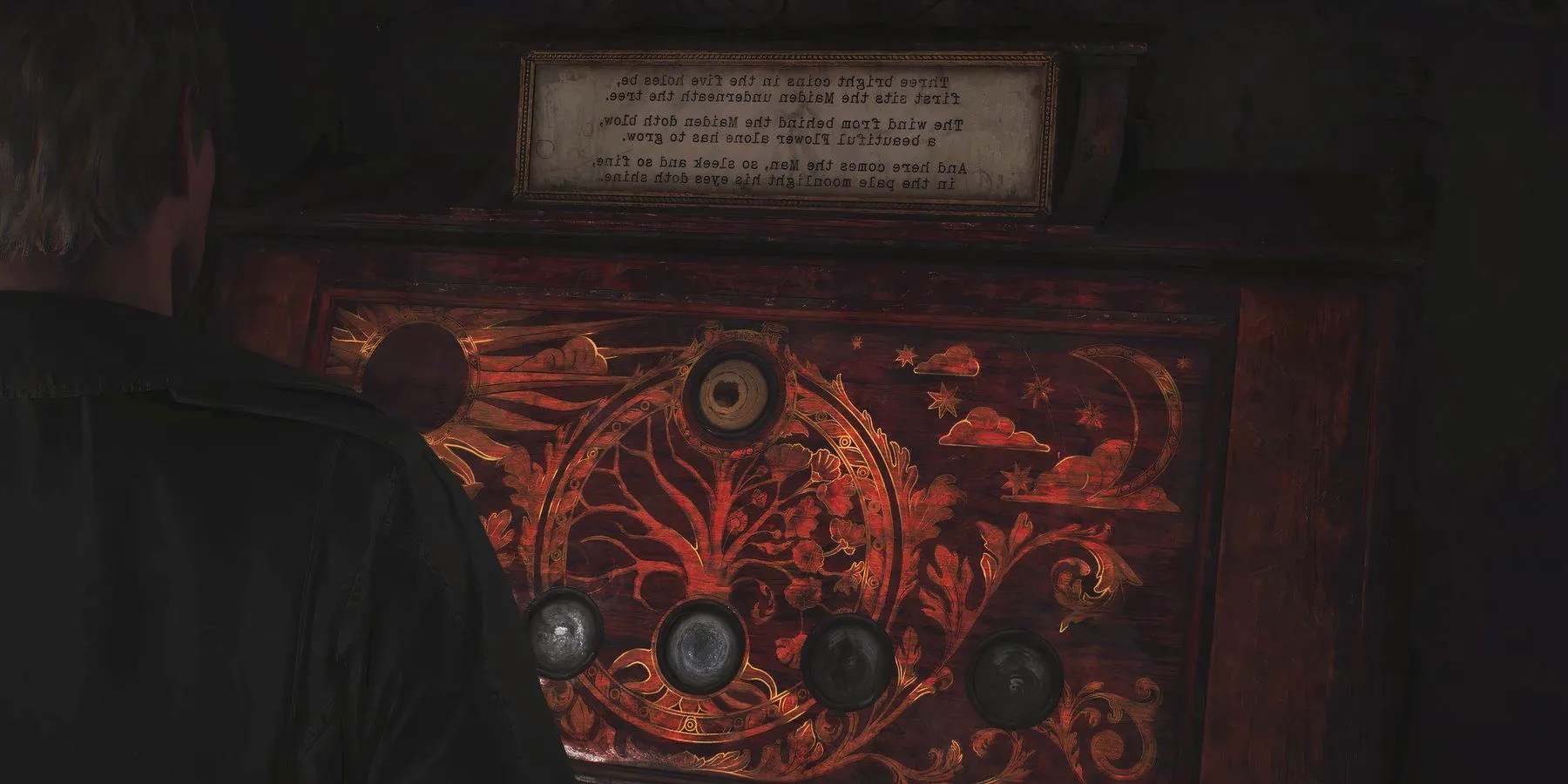 James in front of Coin Puzzle in Wood Side Apartments in Silent Hill 2 Remake. Image