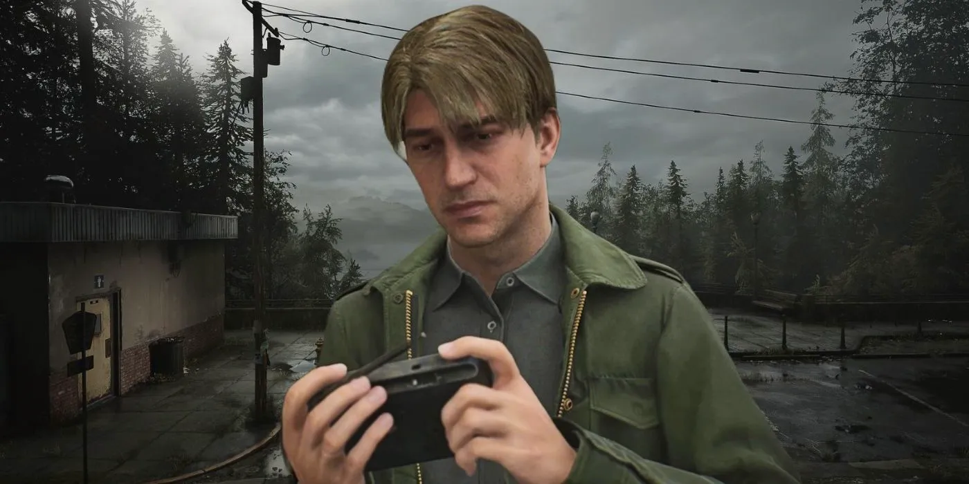 James looking forlornly at his radio in front of a vista of Silent Hill. Image