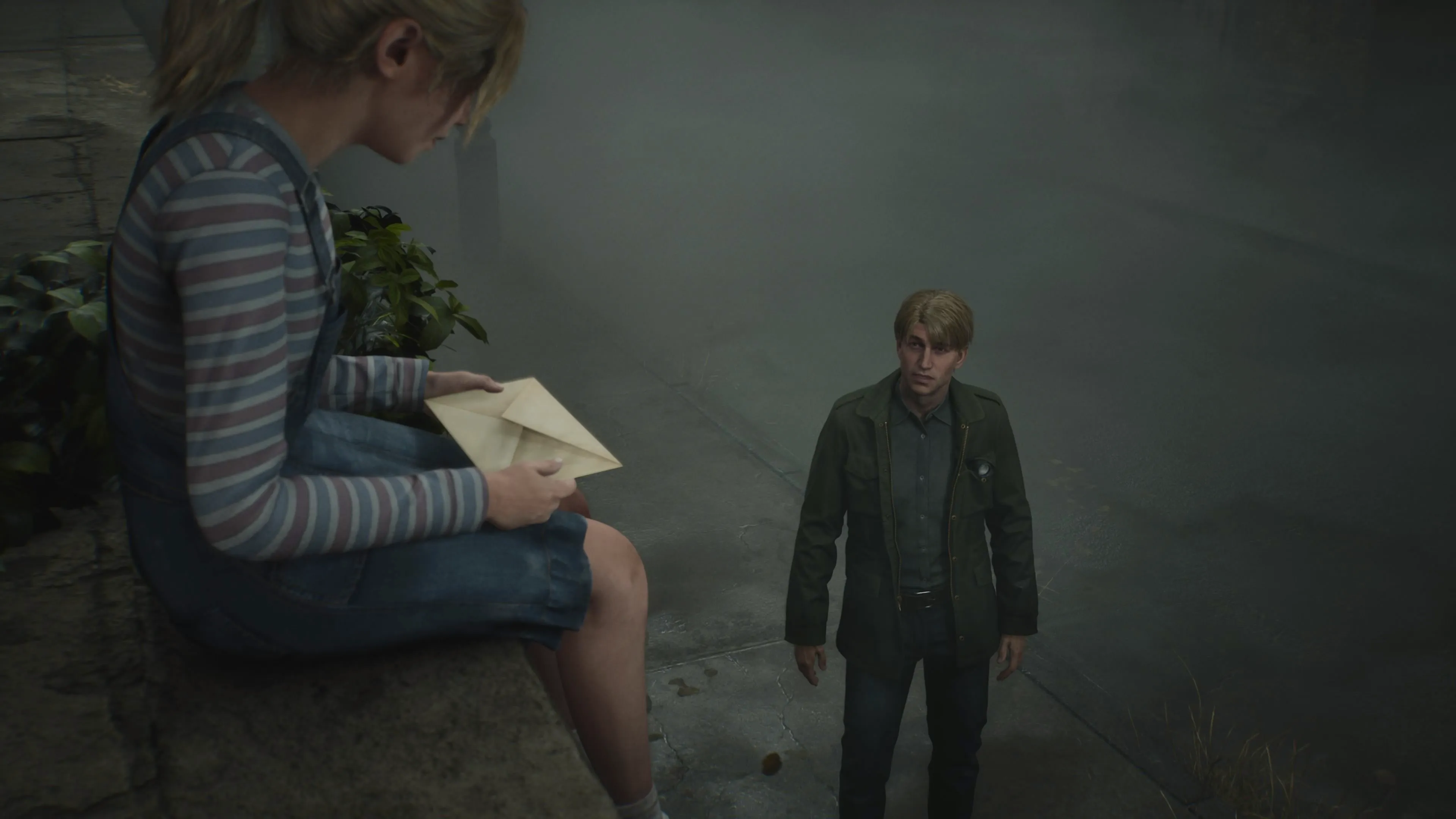 James looks at Laura, sitting on a wall and clutching a letter, in a screenshot from the Silent Hill 2 remake. Image