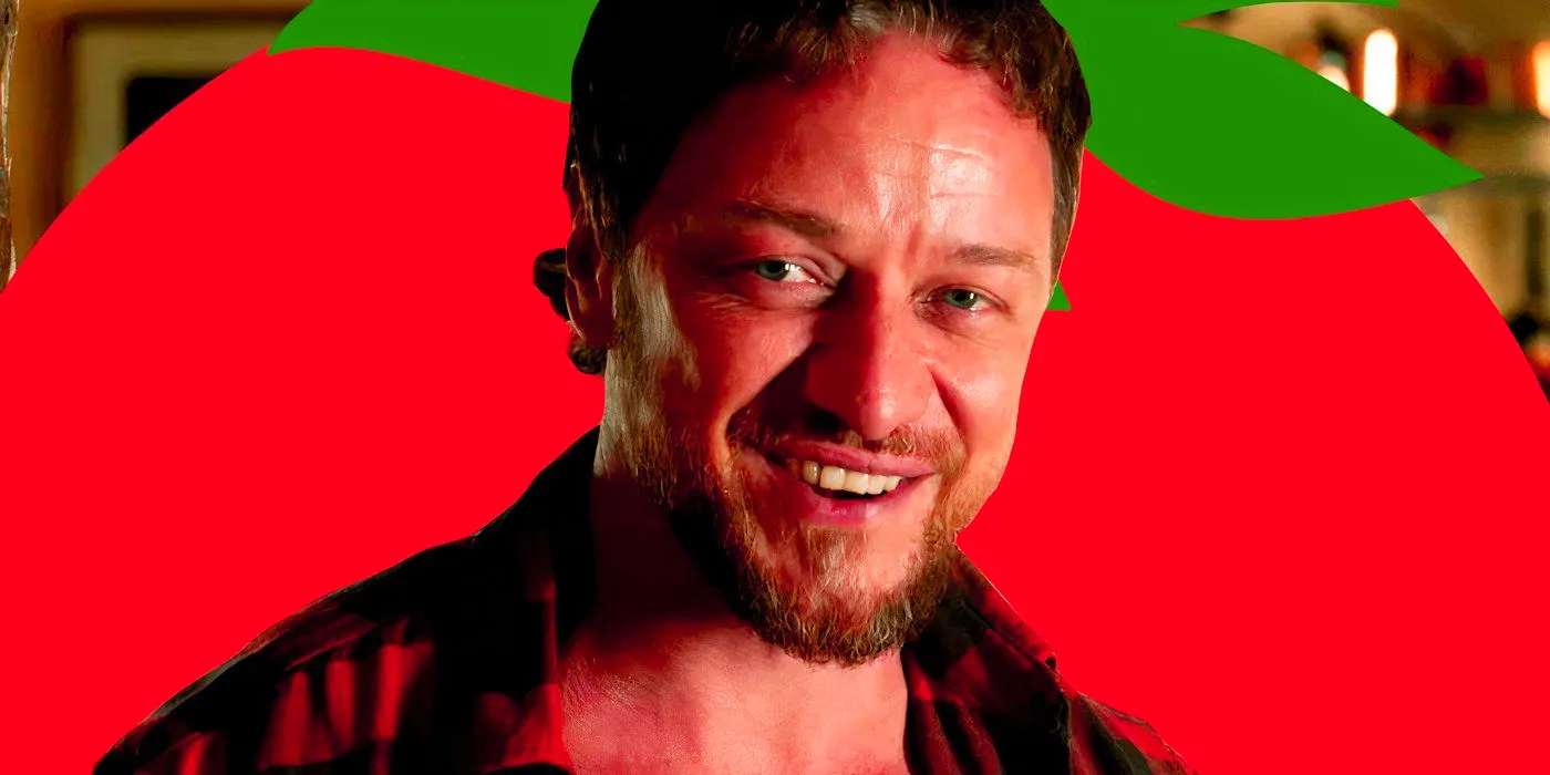 James McAvoy from Speak No Evil in Front of the Rotten Tomatoes Logo Image