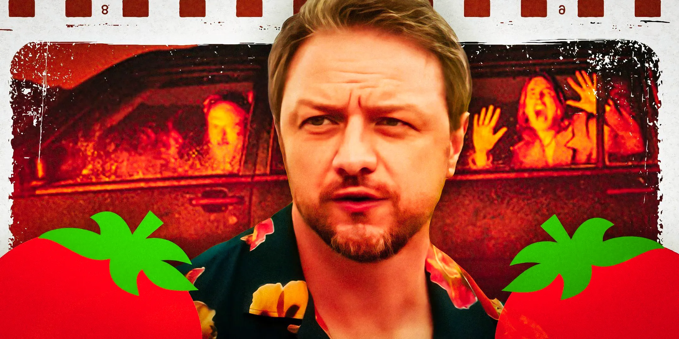 James McAvoy's Paddy from Speak No Evil is surrounded by the Rotten Tomatoes symbol. Image