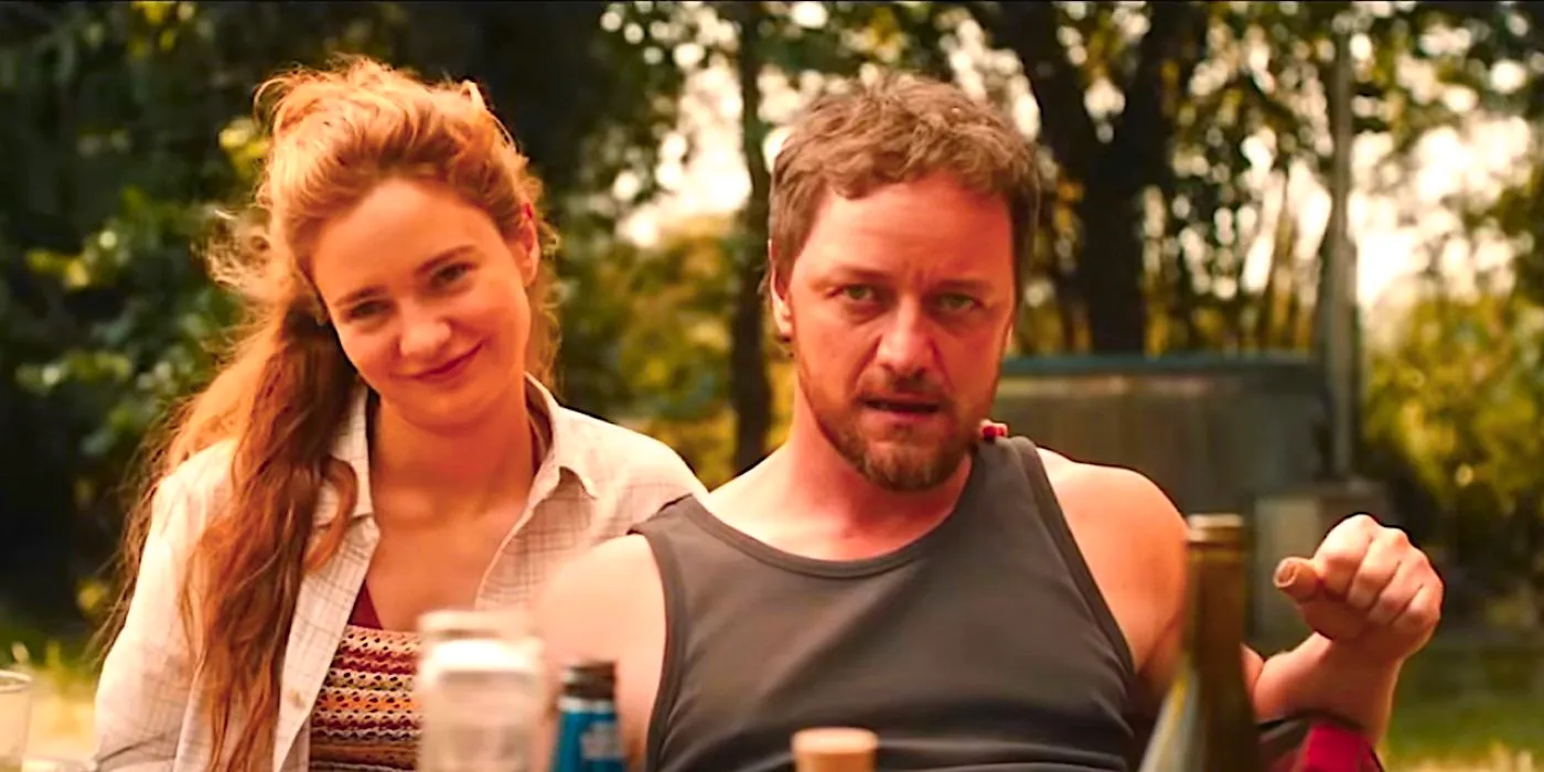 James McAvoy's Paddy looking angry as Aisling Franciosi's Ciara smiles in Speak No Evil 2024 trailer Image