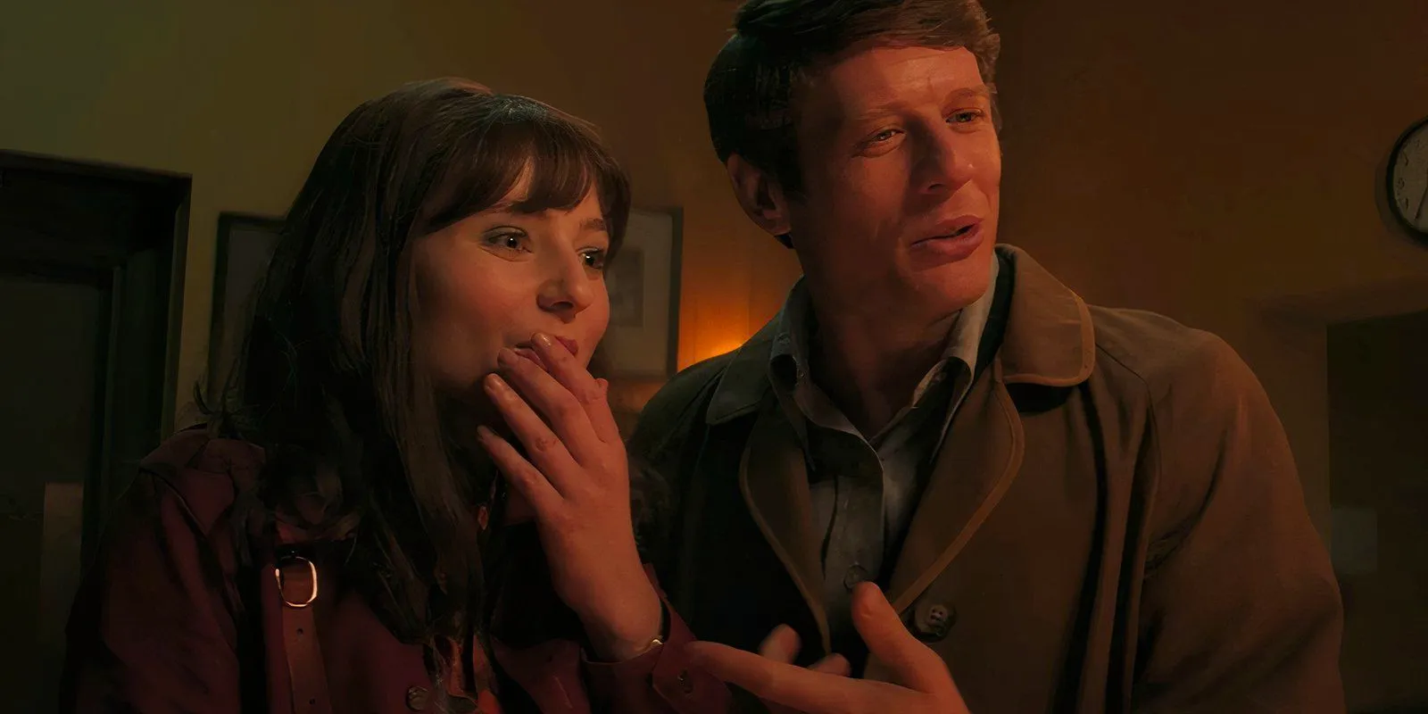 James Norton and Thomasin McKenzie as two researchers happy about a pregnancy test in Joy Image