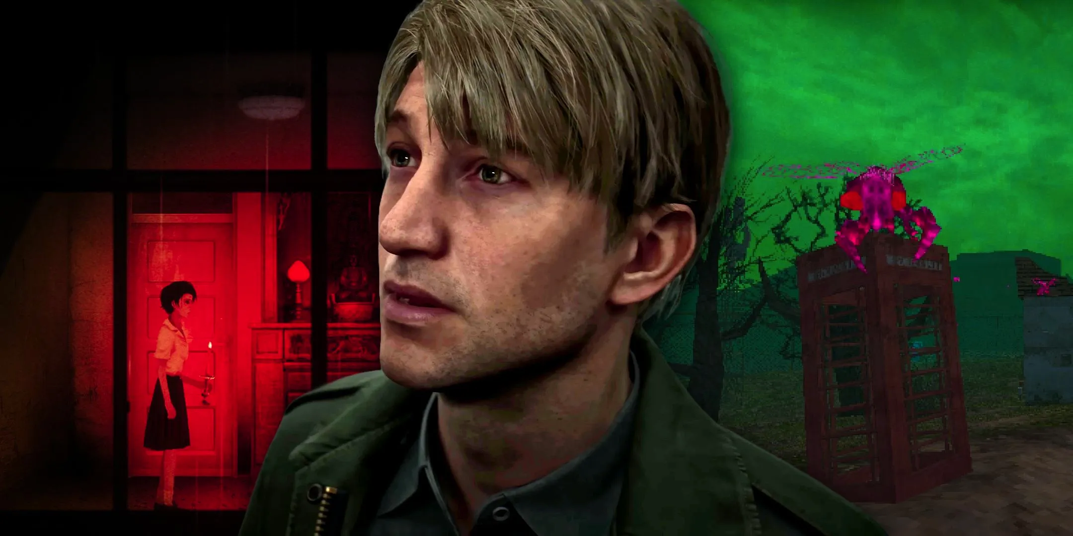 James Sunderland from the Silent Hill 2 remake in front of images from Dread X Collection and Detention. Image