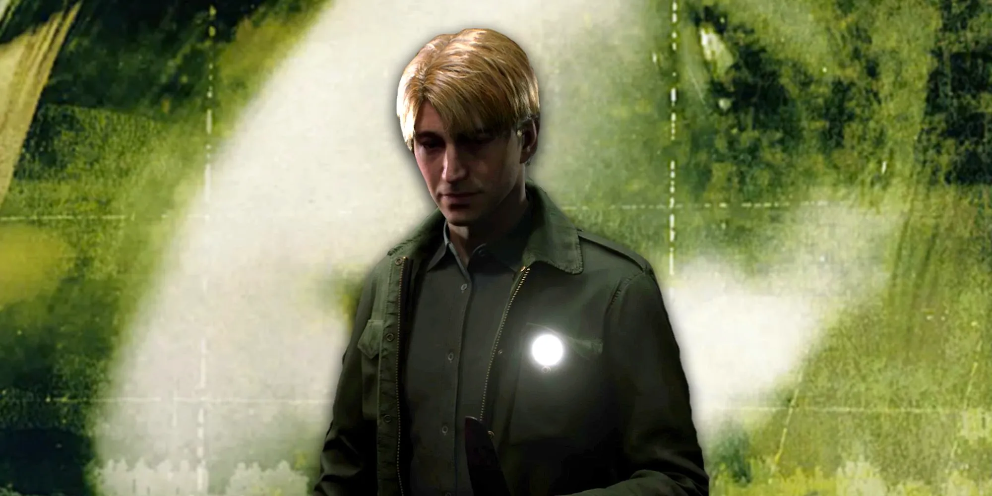 James Sunderland in the Silent Hill 2 Remake in front of the original game's cover. Image