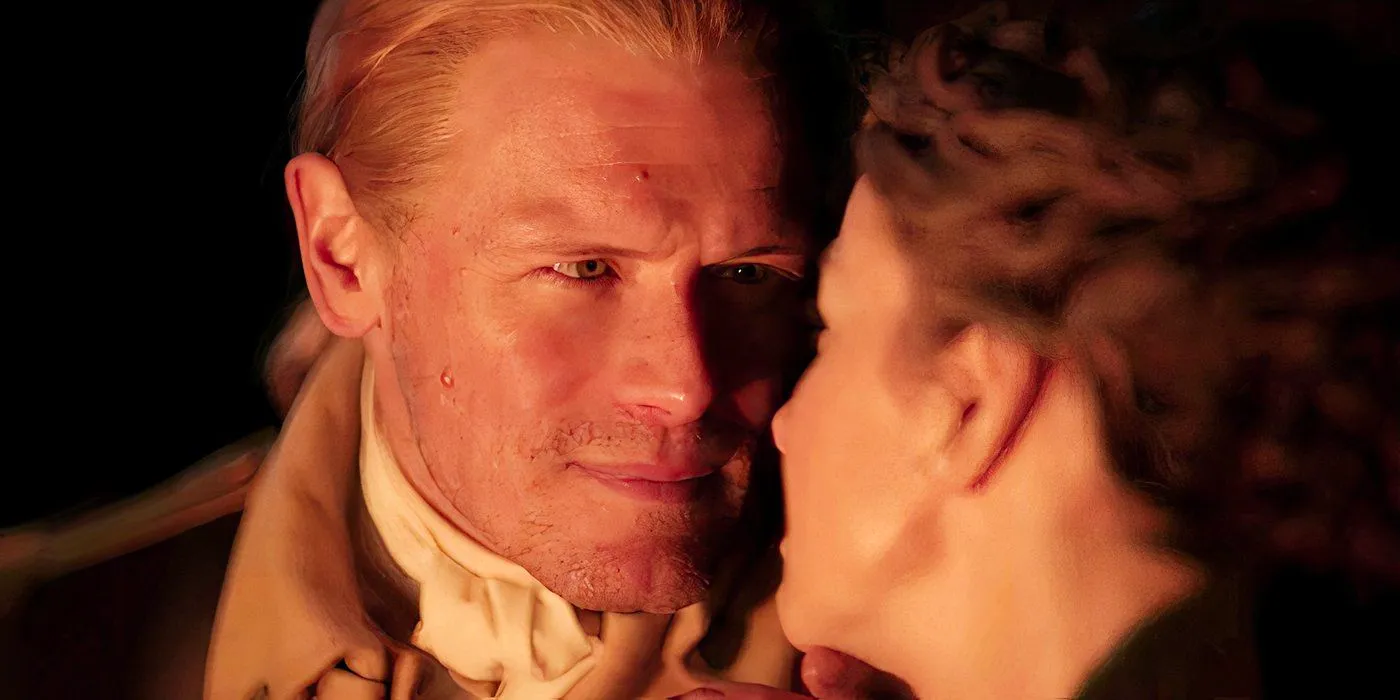 Jamie looking into Claire's eyes by a fire in Outlander season 7 part 2 Image