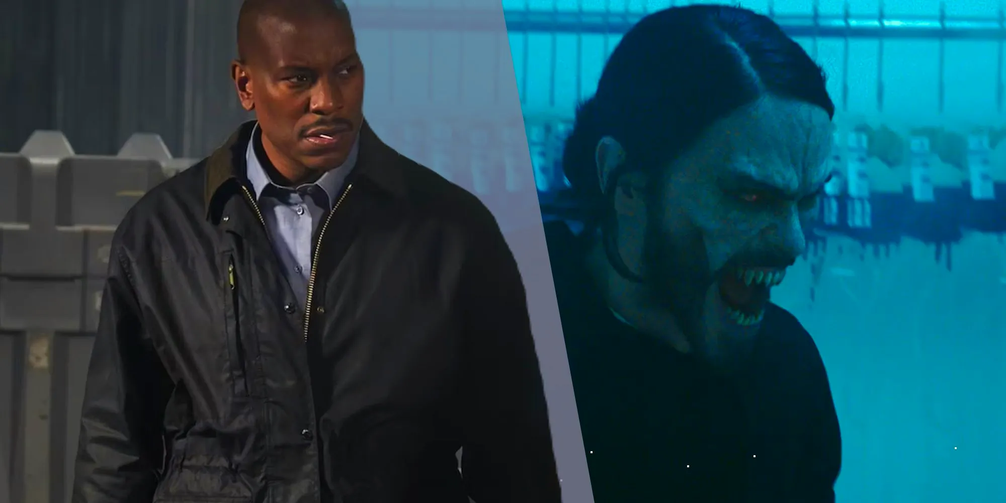 Jared Leto baring his vampire teeth as Morbius next to Tyrese Gibson as Simon Stroud in Morbius (2022) Image