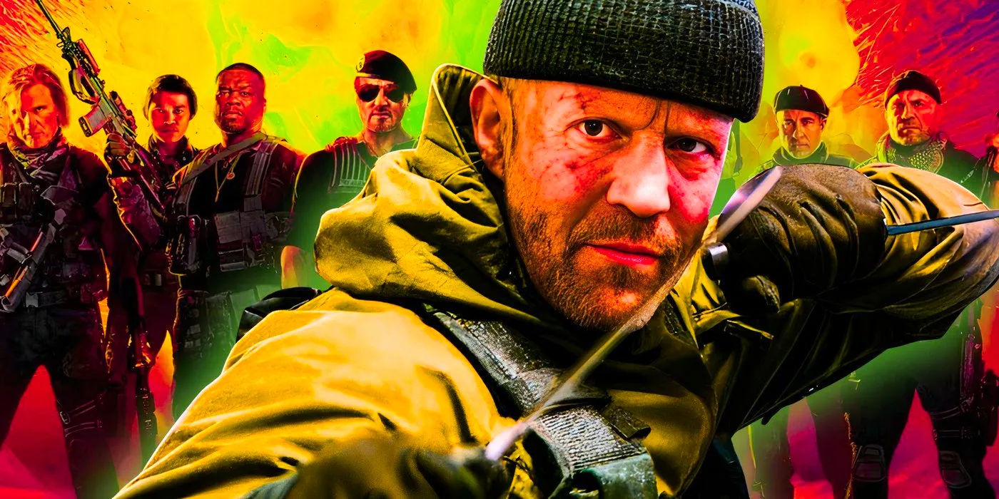 Jason Statham as Lee Christmas looking ready to fight with the cast of Expendables 4 behind him Image