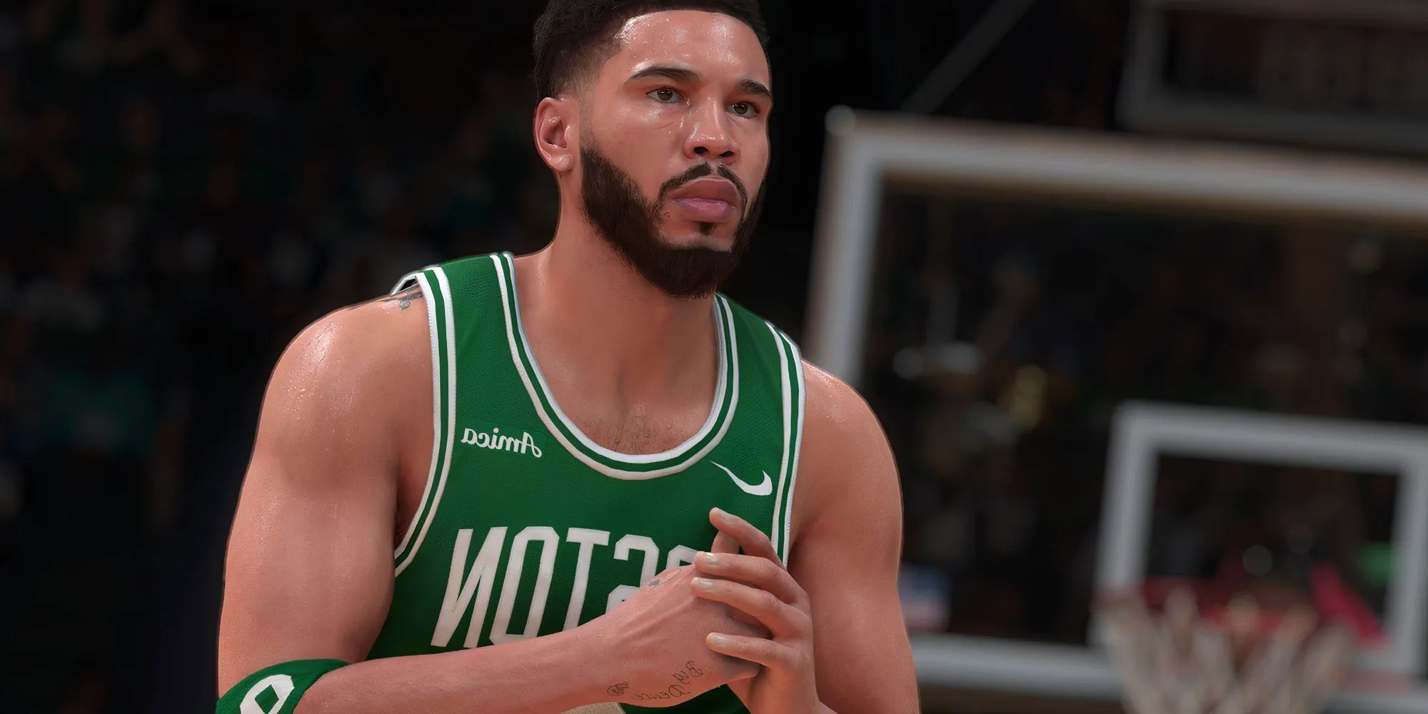 Jayson Tatum from NBA 2K25 holding his hands together on a basketball court.  Image