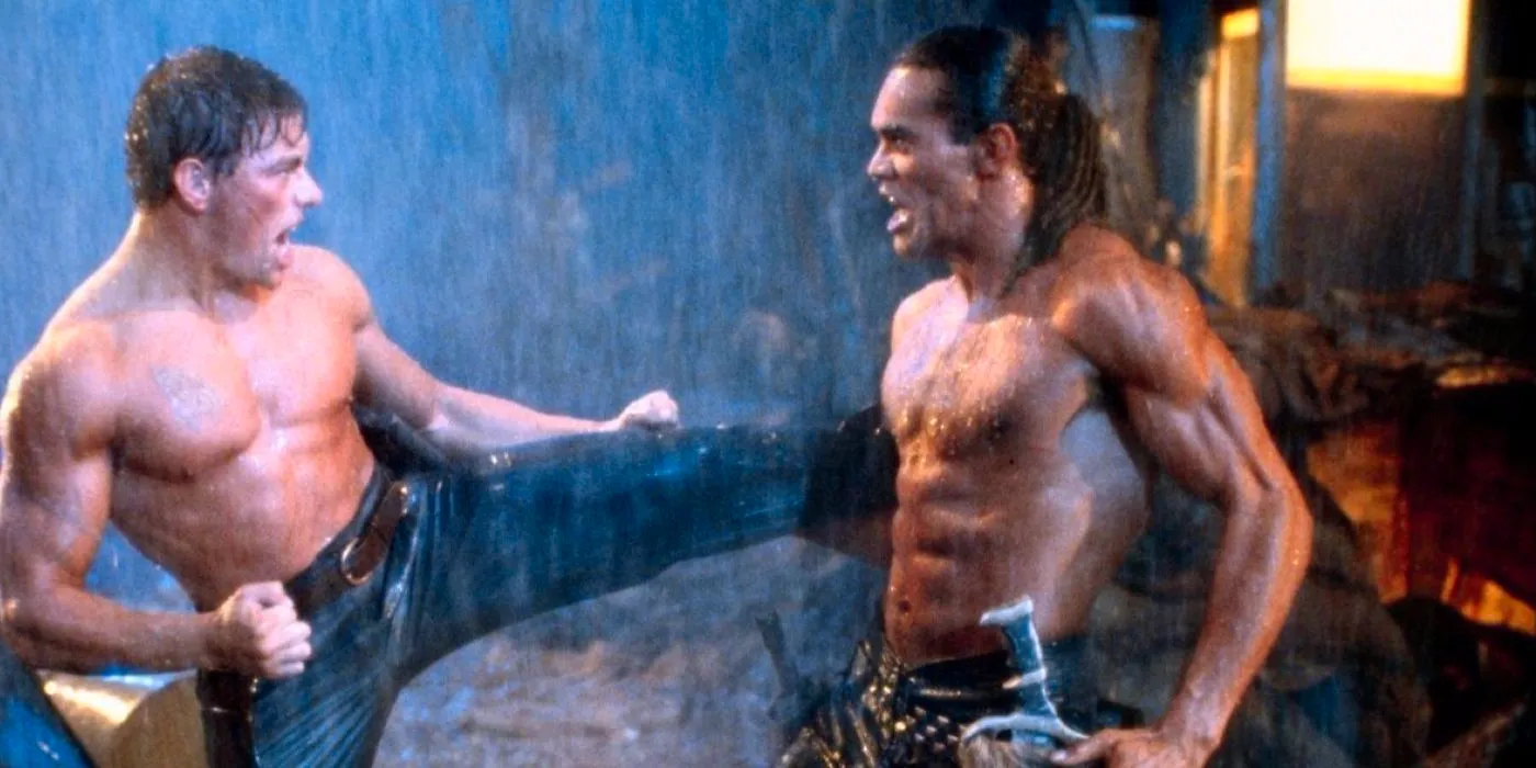 Jean-Claude Van Damme kicks an enemy in Cyborg. Image