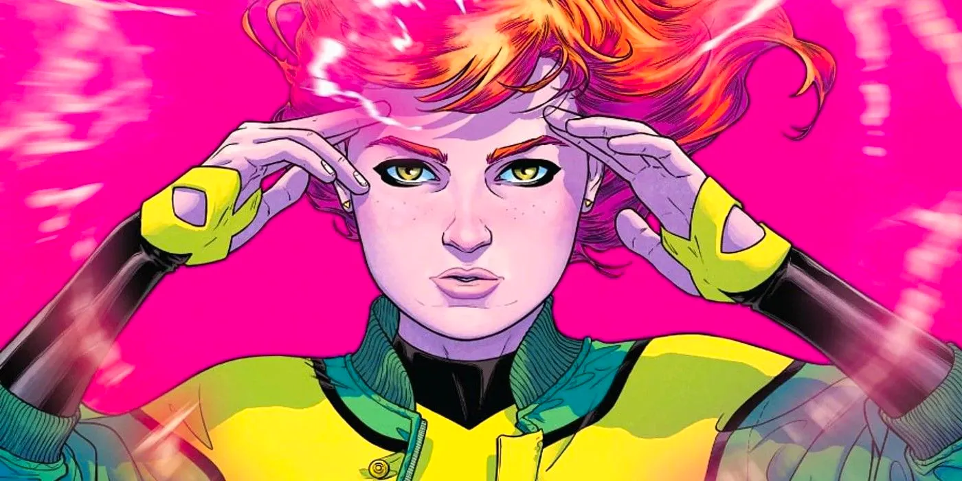 Jean Grey holding her hands to her head and using her powers in Marvel comics Image