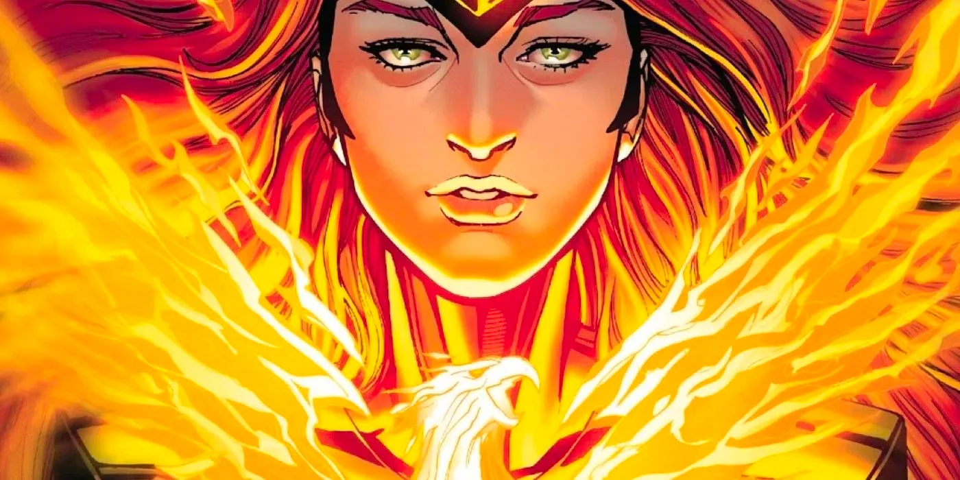 Jean Grey with a flaming Phoenix rising in front of her. Image