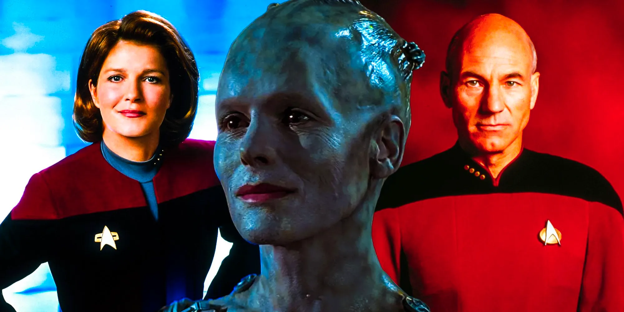 Jean-Luc Picard, Kathryn Janeway, and the Borg Queen from Star Trek.  Image