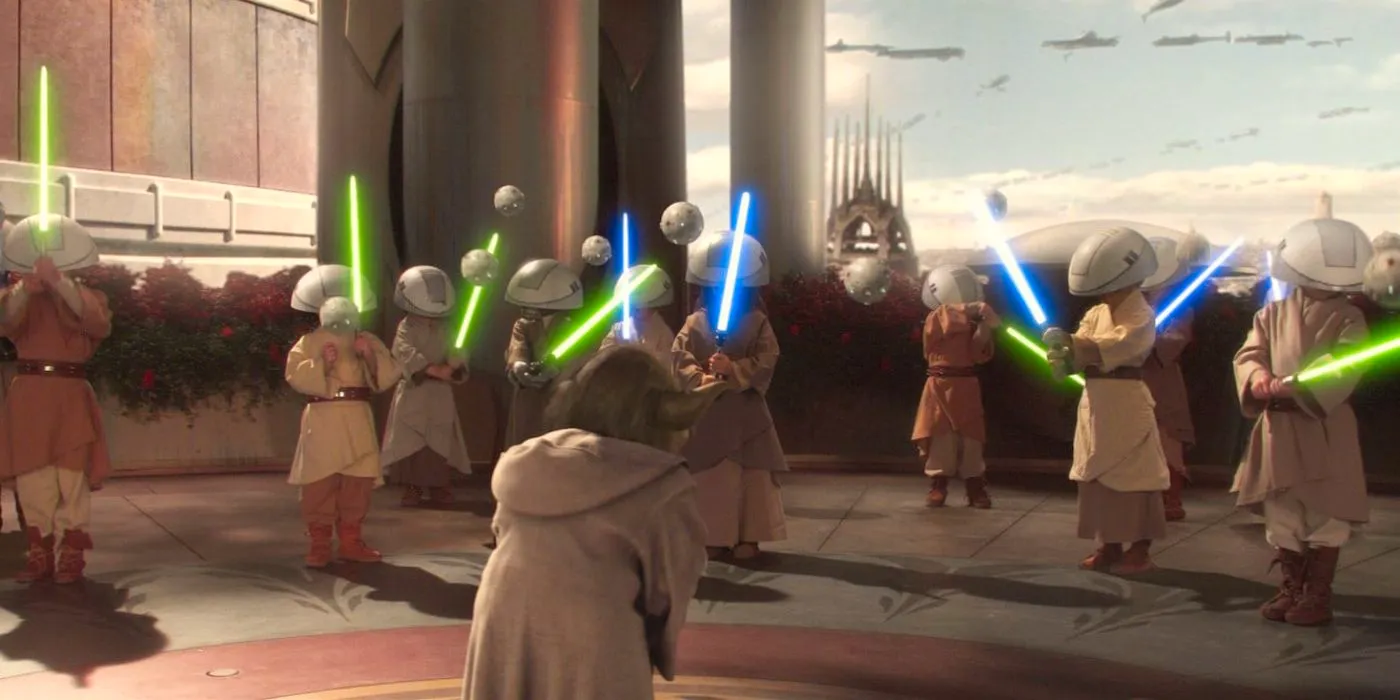 Jedi Younglings training with Master Yoda in the Temple on Coruscant in Star Wars: Episode II - Attack of the Clones. Image