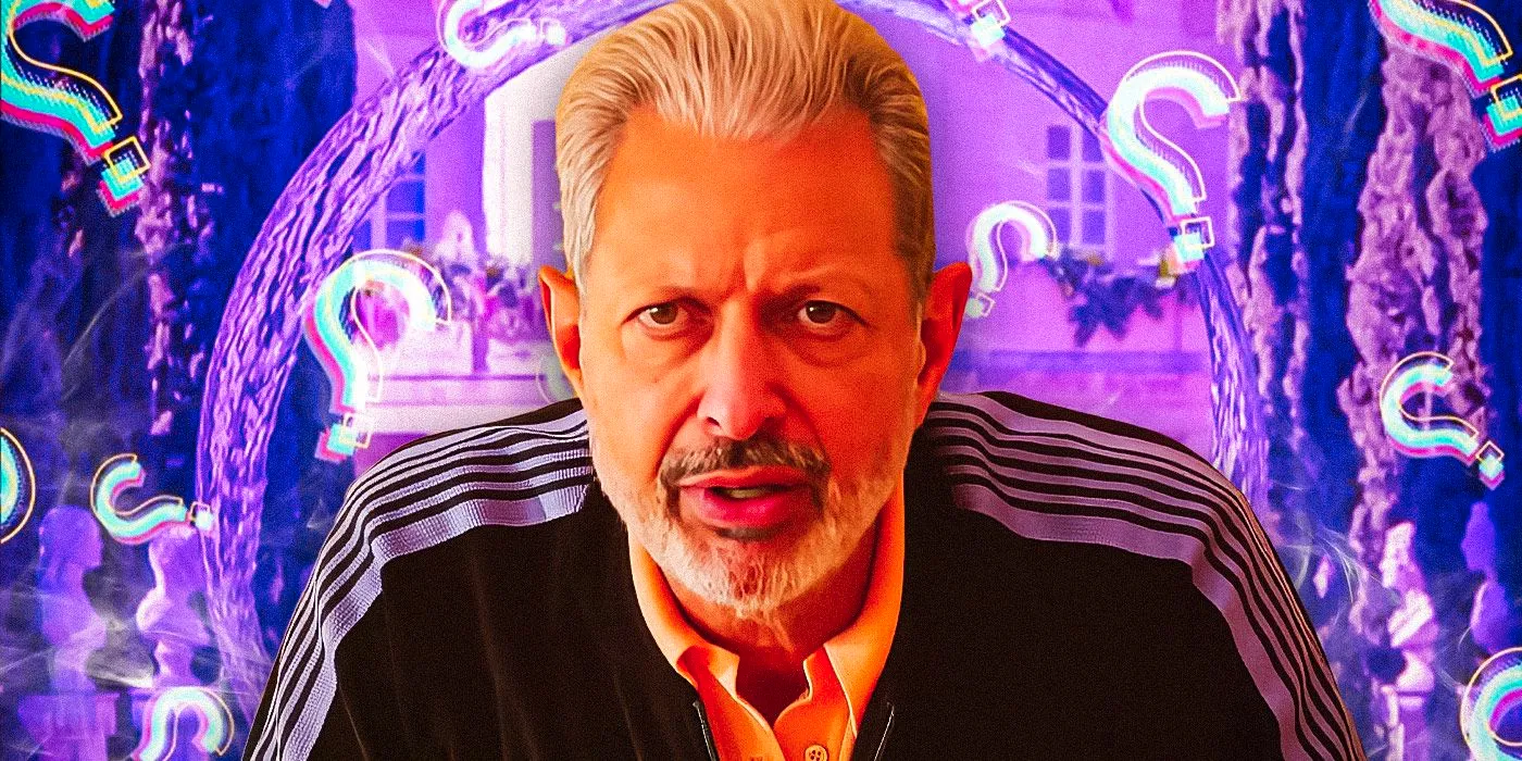 Jeff Goldblum as Zeus wearing a track jacket in Kaos with the Meander fountain in the background Image