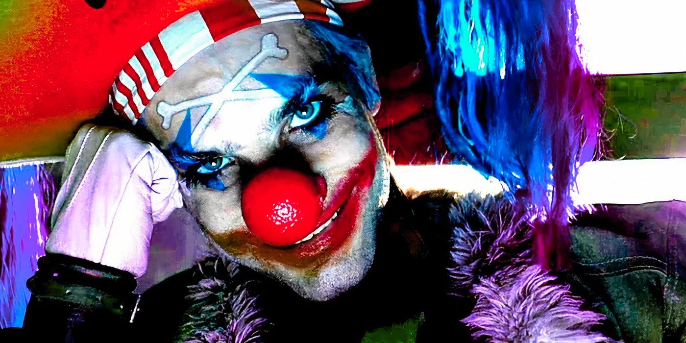 Jeff Ward as Buggy the Clown resting his head on his fist and looking mean in One Piece live-action. Image