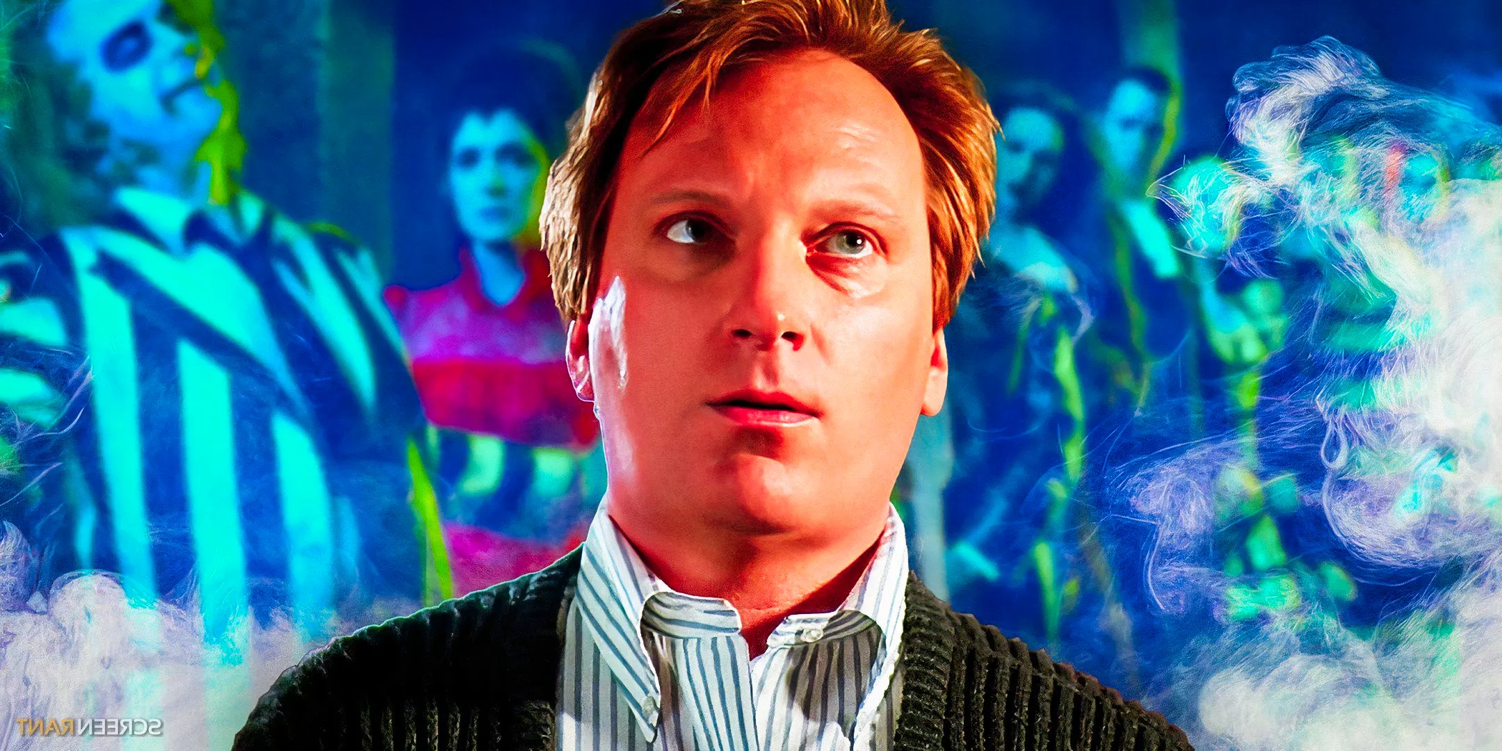 Jeffrey Jones as Charles in Beetlejuice with Beetlejuice 2 imagery in background Image