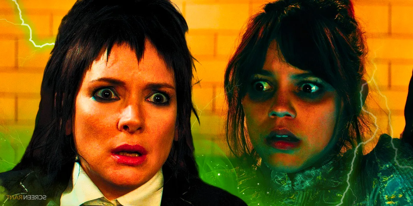 Jenna Ortega as Astrid and Winona Ryder as Lydia looking scared in Beetlejuice 2 Image